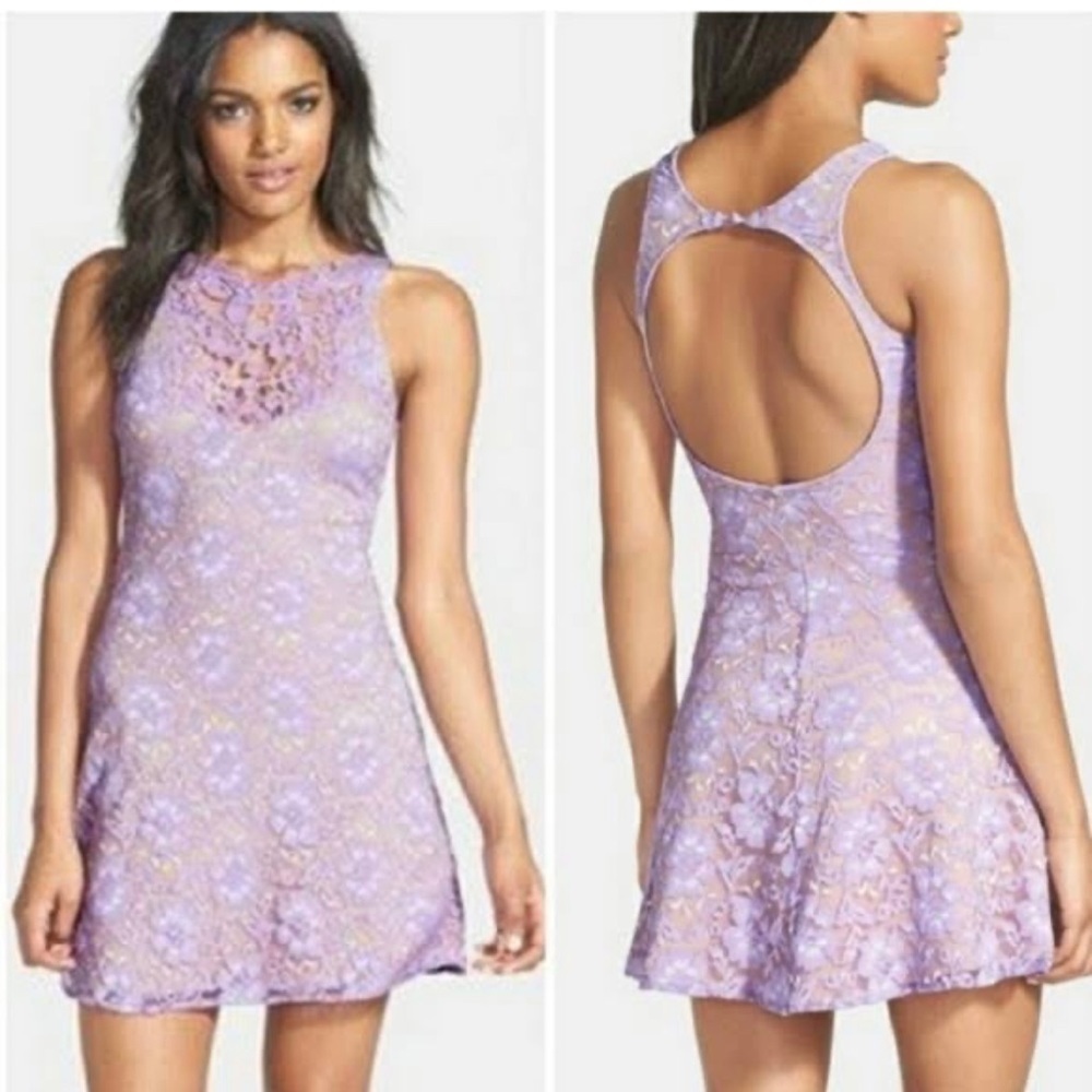 DRESS The Population Regina Lilac Purple Lace Open Back Mini Dress Size Large